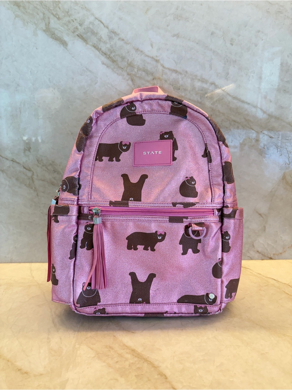 STATE Pink Mini Backpack with Brown Bear Print
